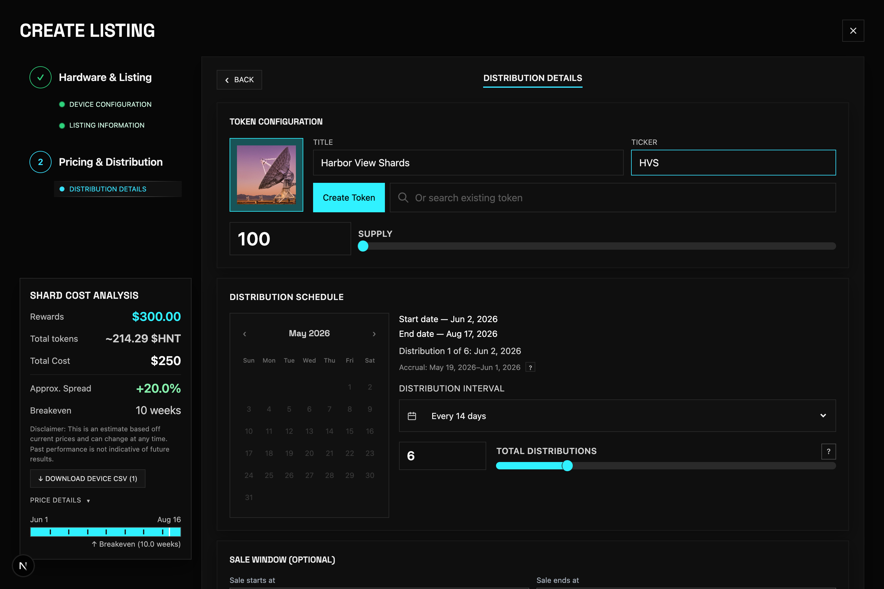 Create Listing — distribution schedule and sale window